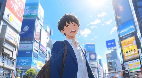 A young man wearing a white shirt and blue suit stands in a busy city. It represents one's efforts to develop confidence and talent over time.