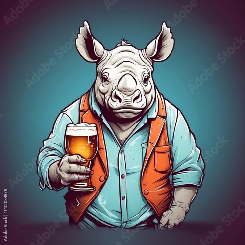 Cute baby rhinoceros beer mug Vector Logo little animal character, illustration simbol print