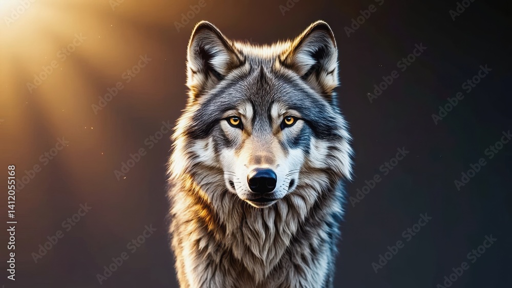 Obraz premium Close-up of a wolf's head with intense gaze, set against dramatic background with sunlight effect.