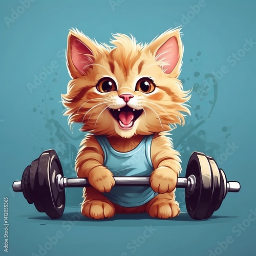 Cute baby kitten gym barbell Vector Logo little animal character, illustration simbol print