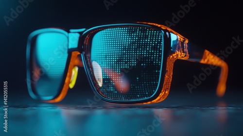 Futuristic glasses with digital data overlay on dark surface