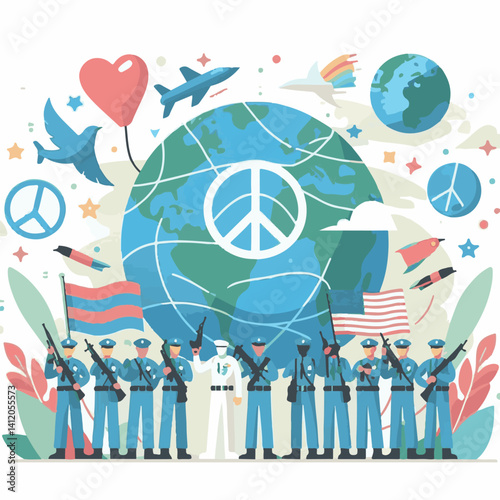 symbol, banner, illustration, international, background, icon, day, vector, graphic, sign, army, holiday, design, may, independence, blue, celebration, usa, peacekeepers, peace, concept, helmet, milit