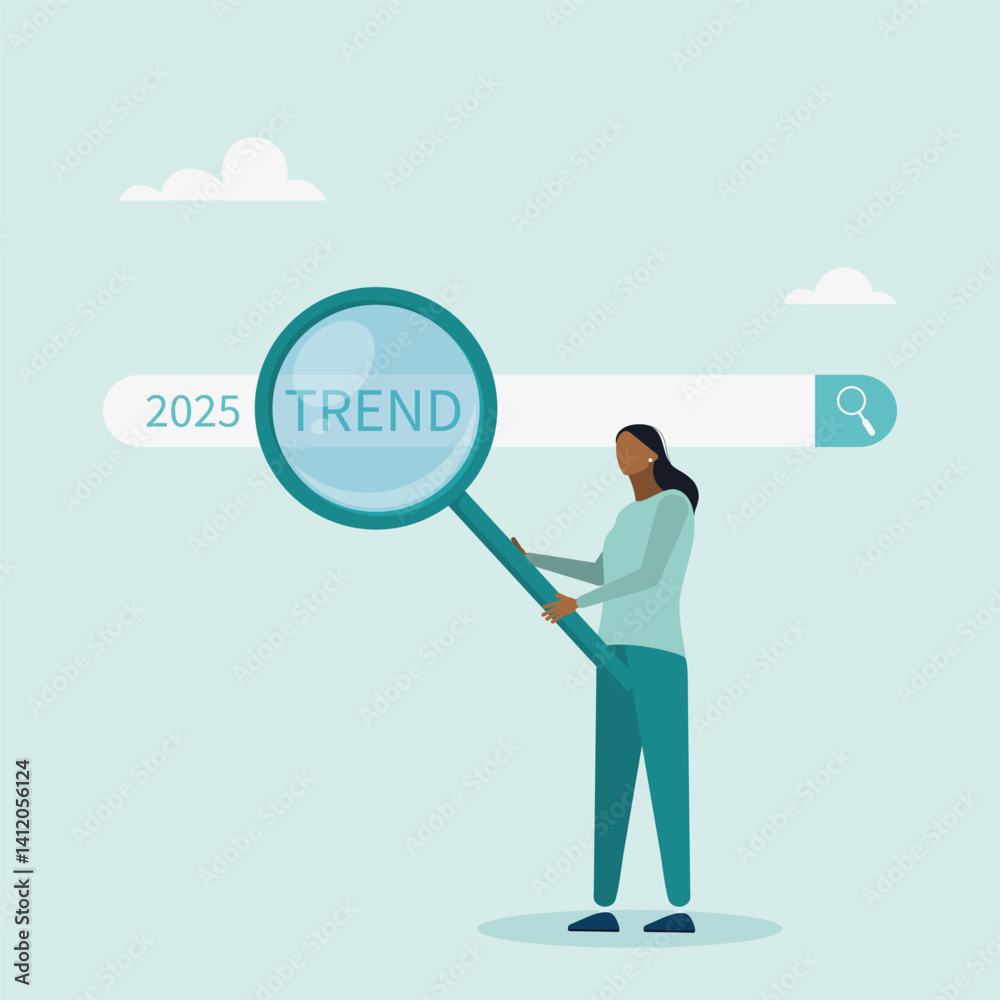 Character using magnifying glass to discover website. Researching 2025 trends, vision of new business or career opportunity. Vector illustration. Character using magnifying glass to discover website. Researching 2025 trends, vision of new business or career opportunity. Vector illustration.