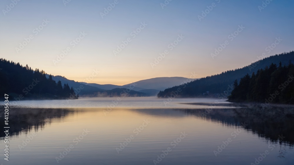 Fototapeta premium Peaceful lake at sunset with mountain and trees in distance.