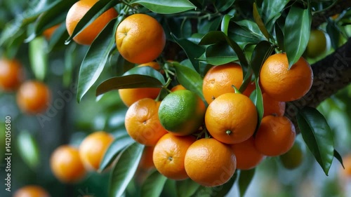 Group of ripe oranges hanging on a tree