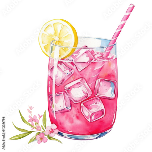 A vibrant pink drink in a glass with ice, adorned with a lemon slice and a striped straw, accompanied by delicate flowers.