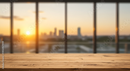 Wooden table top on blur glass window wall building background, wallpaper, Wood table,desktop, presentation, morning, urban top on blurred glass window wall building background