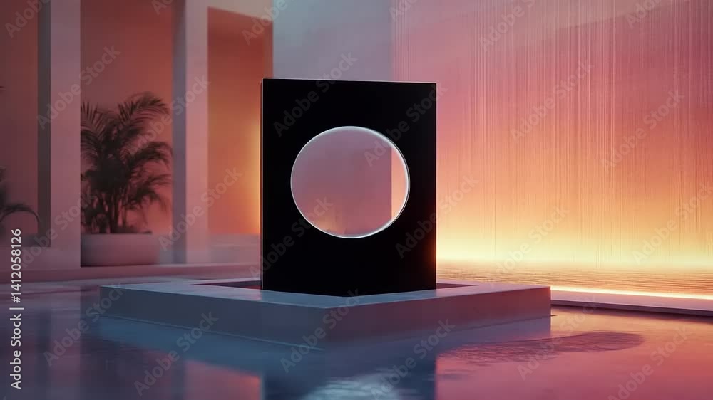 Modern architectural feature with circular cutout in tranquil water setting at sunset