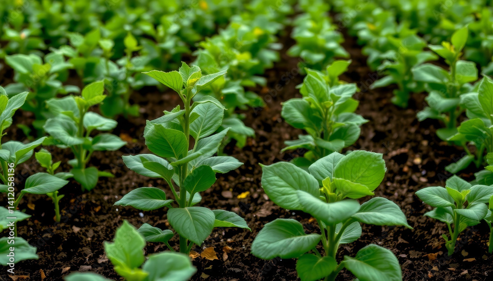 Young green plants growing in rich soil, symbolizing growth and sustainability Young green plants growing in rich soil, symbolizing growth and sustainability