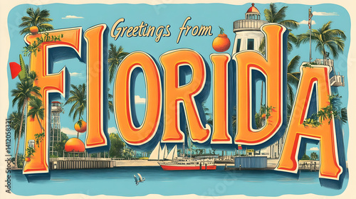 Vintage florida postcard: iconic landmarks, palm trees, and coastal vibes