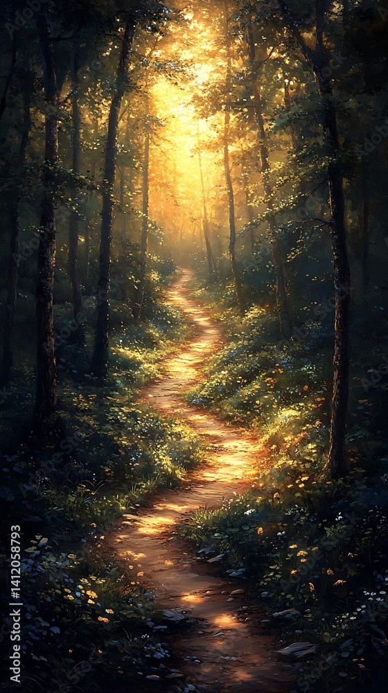 Obraz premium Winding Forest Path Mobile Wallpaper Sunlight Filtering Through Tall Trees Serene Atmosphere | Vertical HD Background