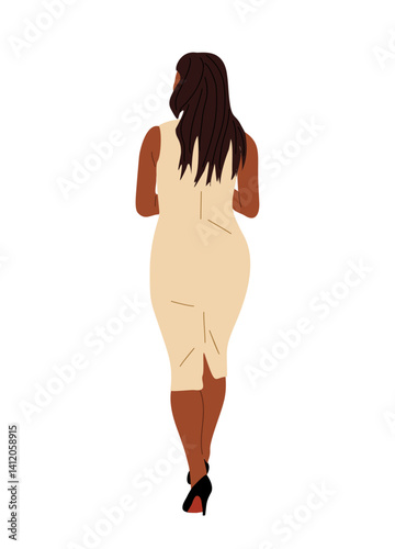 Black woman walking rear view wearing office dress and high heels. Pretty african american female character turned back, moving away. Hand drawn vector illustration isolated on transparent background