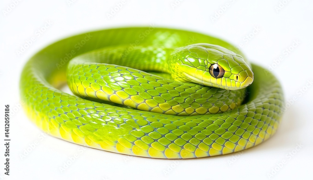 Fototapeta premium Bright green snake coiled on white background, detailed scales visible, vibrant color, studio shot.