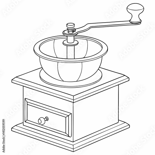 Outline Illustration Of A Classic Hand Crank Coffee Grinder With Drawer