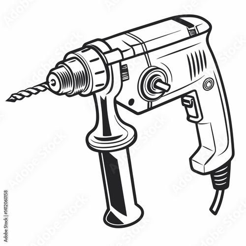 Detailed Black And White Illustration Of A Corded Power Drill Tool