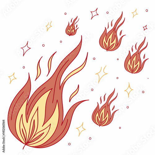 Hand Drawn Fire Elements On White Background With Stars And Dots