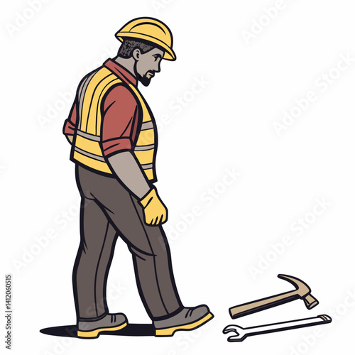 Cartoon Construction Worker In Safety Gear About To Step On Tools