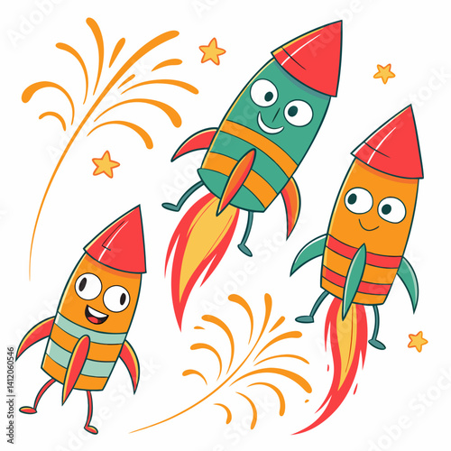 Cartoon Rockets Flying With Stars And Fireworks Vector Illustration Background