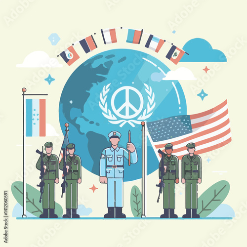symbol, banner, illustration, international, background, icon, day, vector, graphic, sign, army, holiday, design, may, independence, blue, celebration, usa, peacekeepers, peace, concept, helmet, milit