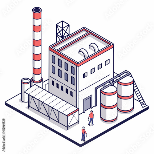 Isometric Factory Building With Smoke Stack And Two Workers Walking Around
