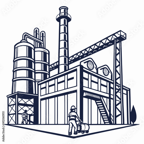Monochrome Illustration Of Industrial Plant With Workers And Factory Infrastructure