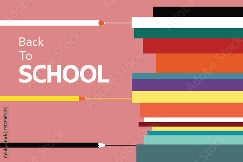 School backgrounds. A stack of books, stationery, a desk lamp, a paper clip. Set of flat, vector illustrations. Back to School. Elements and objects on school themes, simple background for poster.