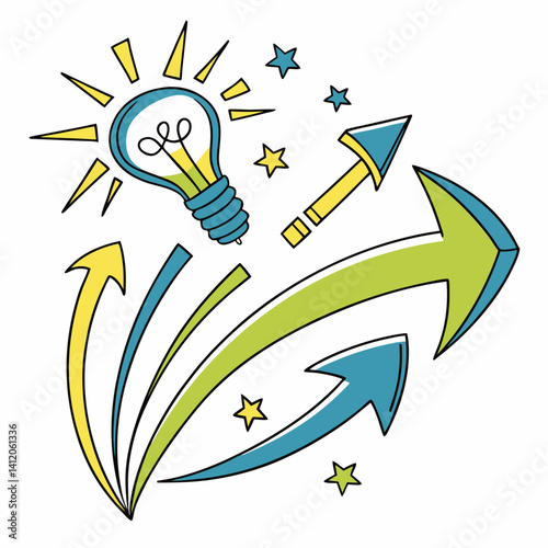 Colorful Rising Arrows With Idea Lightbulb Sparking Growth Success Cartoon Illustration