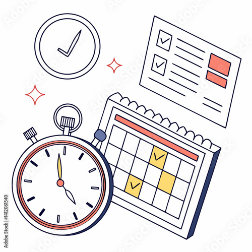 Time Management Illustration Featuring Stopwatch Checklist And Calendar For Productivity