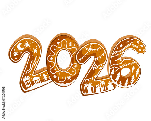 Festive Happy 2026 New Year gingerbread cookies with icing. Isolated vector illustration.