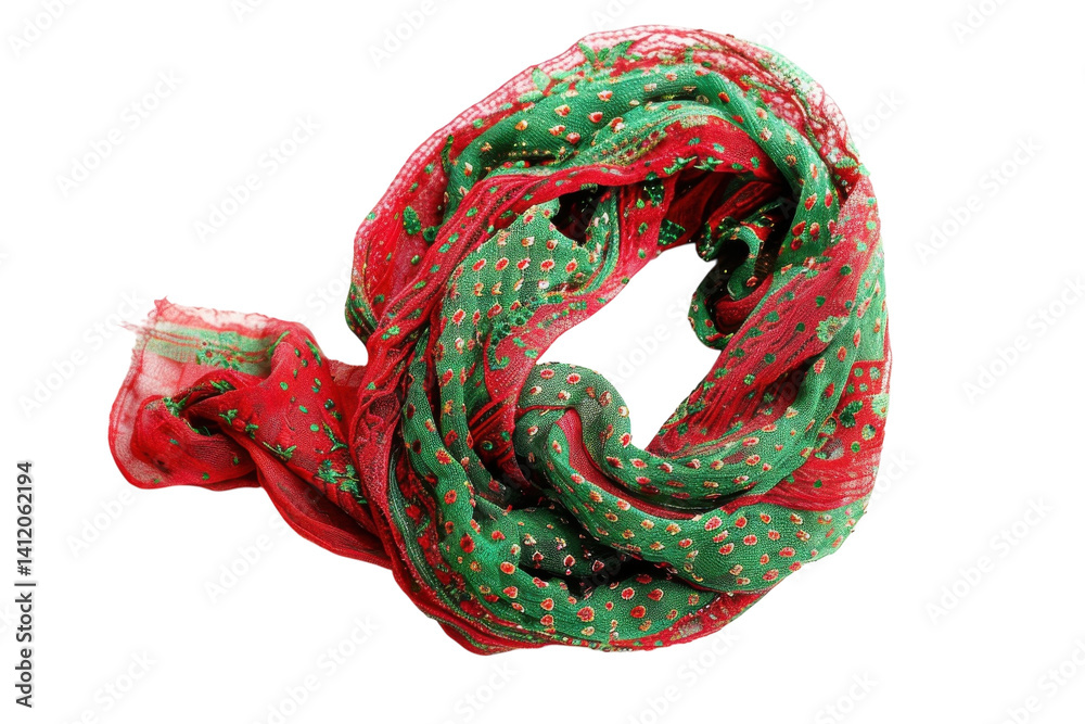 Fototapeta premium A vibrant green and red scarf delicately arranged on a soft white surface for a festive look isolated on transparent background