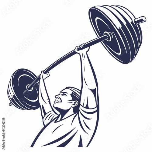 Vector Illustration Of Weightlifter Doing Overhead Lift In Monochrome Strength And Power