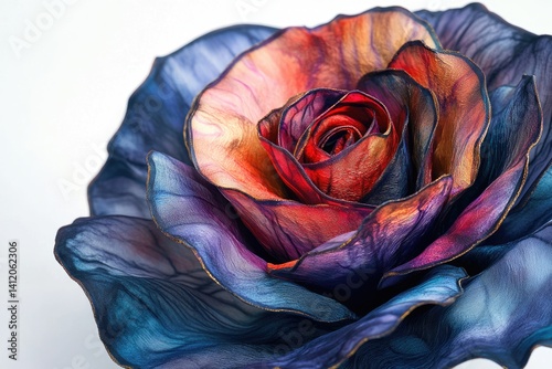 A mesmerizing close-up of a vibrant, hand-dyed silk rose, showcasing intricate details and rich colors.