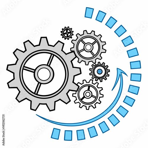 Gears With Circular Arrow Illustrating Continuous Process And Mechanical Movement On White