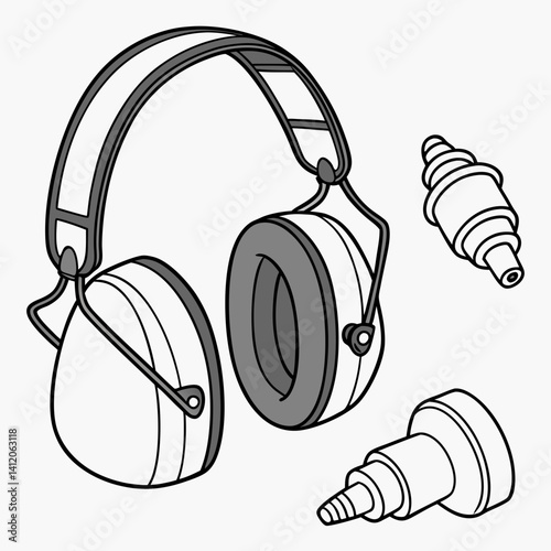 Sound Protection Outline With Ear Plugs And Earmuffs On White Background