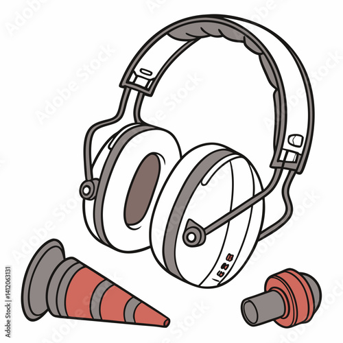Cartoon Illustration Of Safety Equipment Featuring Headphones And Earplugs For Sound Protection