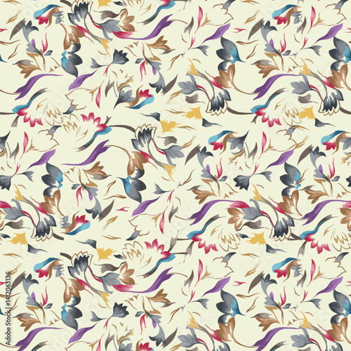 Stylized floral pattern in muted shades of brown, gray, teal, purple, with hints of red and yellow on a light beige background. Adds a touch of modern vintage elegance to any project