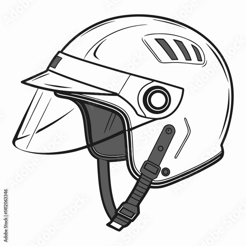Motorcycle Helmet Vector Illustration With Visor And Strap In Black And White