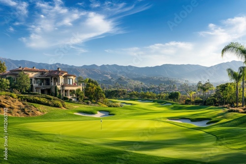 An exclusive golf course surrounded by rolling green hills and a private clubhouse. The pristine fairways, elegant landscaping, and high-end amenities define elite leisure. A professional golfer prepa