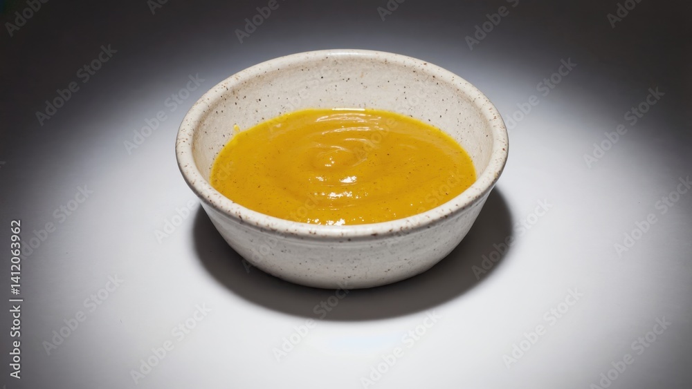 A close-up of a ceramic bowl filled with yellow mustard. The image focuses on the texture and color of the condiment.