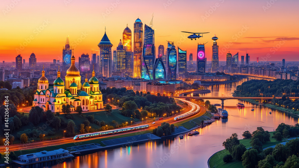 Obraz premium sunset over the future city