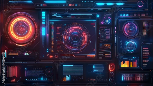 Futuristic interface hud dashboard neon ui ux design sci fi technology control panel vector illustration