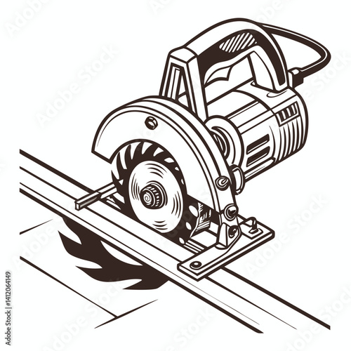 Detailed Hand Saw Line Art Cutting Through Wood Graphic