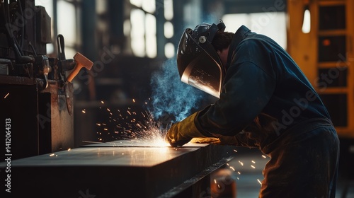 Welder preparing metal components at a construction area. Featuring craftsmanship and focus