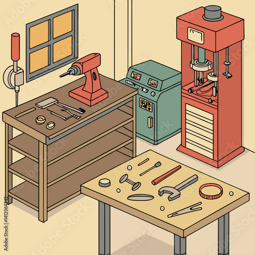 Isometric Illustration Of Workshop With Tables Machinery And Hand Tools Vector Graphic