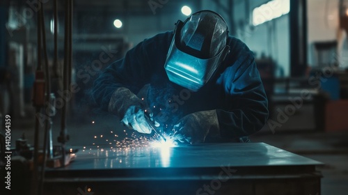 Welder preparing metal components at a construction area. Featuring craftsmanship and focus