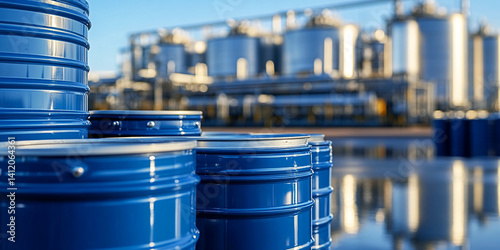 Obraz na płótnie Industry oil blue barrels or chemical drums stacked up. Chemical tank. Container of barrels w salonie