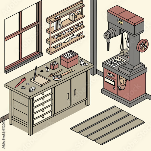 Isometric Jewelers Workshop With Workbench Shelves And Drilling Machine Artistic Design