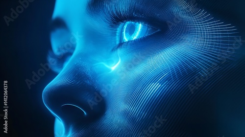 Futuristic ai face digital art technology concept artificial intelligence neon blue light design 3d render