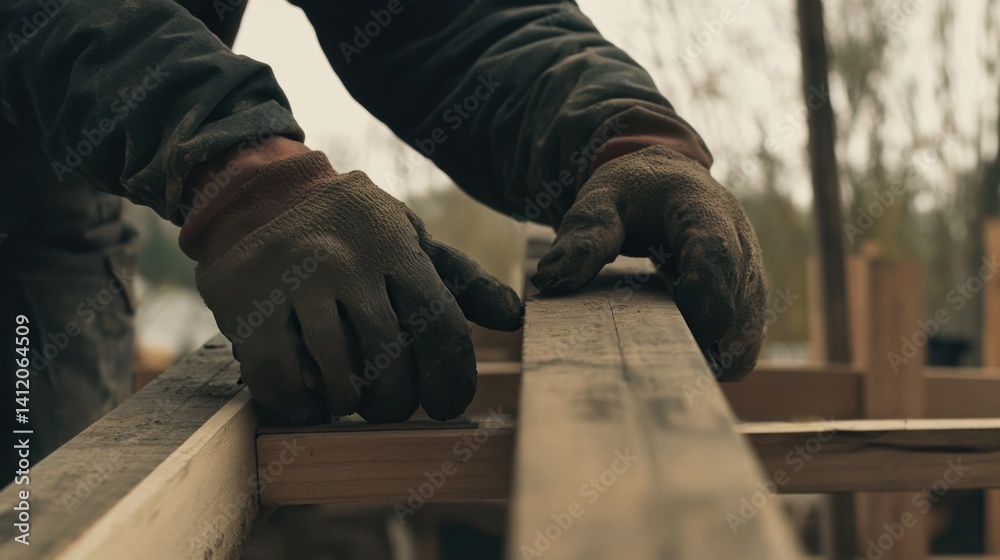 Construction worker securing a roof beam at a site. Featuring focus and stability Construction worker securing a roof beam at a site. Featuring focus and stability