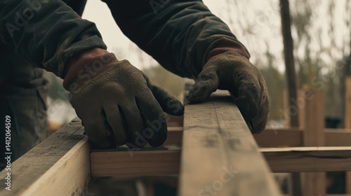 Construction worker securing a roof beam at a site. Featuring focus and stability